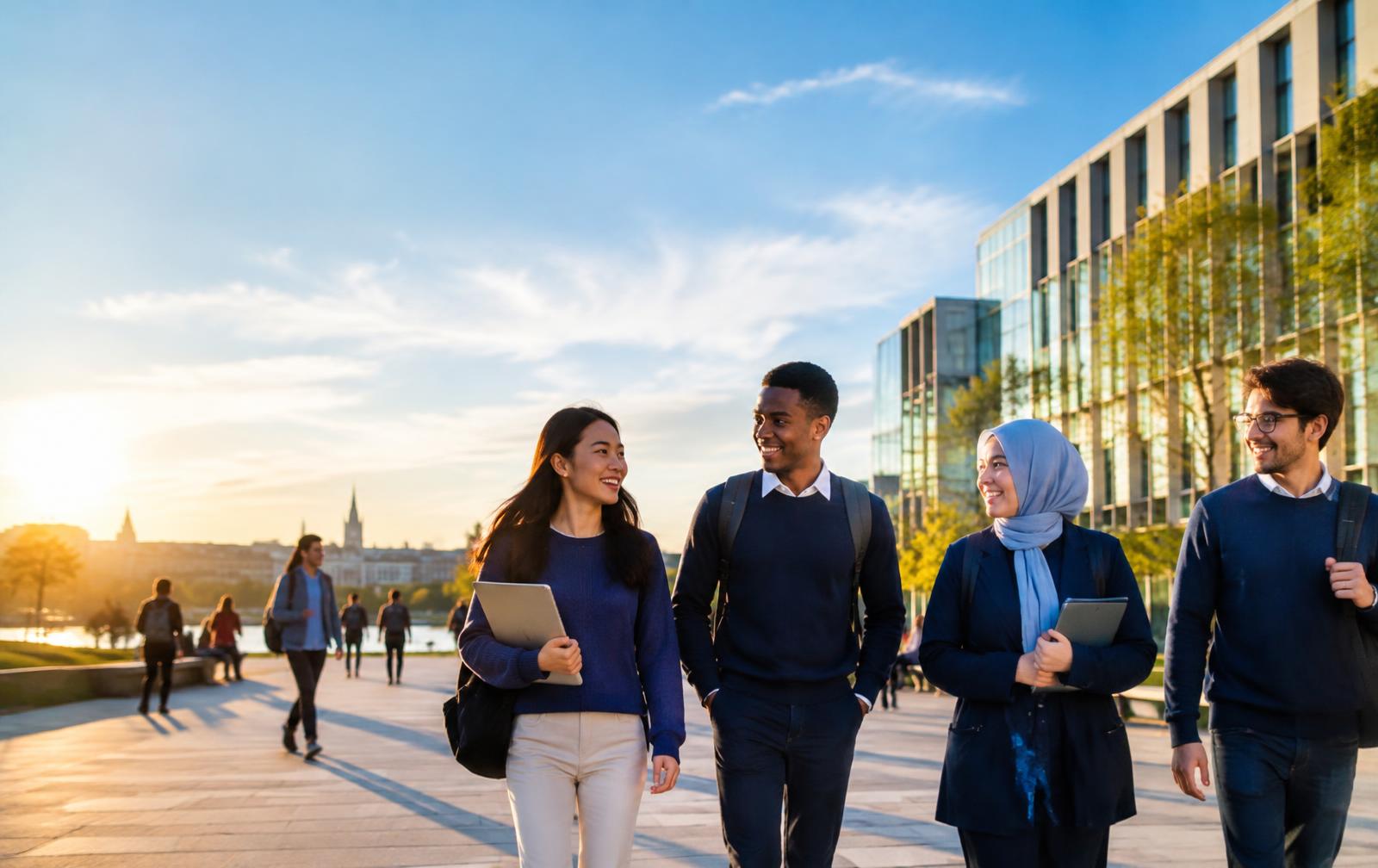 International students walking across a campus